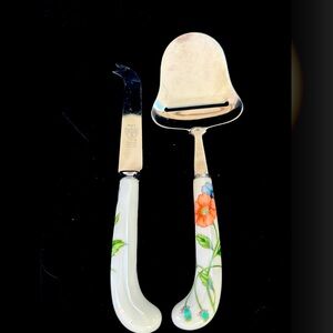 Vintage House of Prill Sheffield Floral Porcelain Stainless Knife Slicer Set